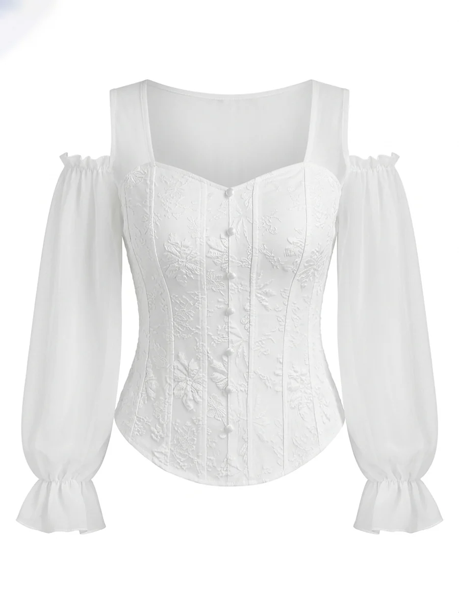 Flared Sleeves Long Sleeves Elasticity Hollow Jacquard Solid Color Split-Joint Cold Shoulder Blouses&Shirts Tops - Image 9