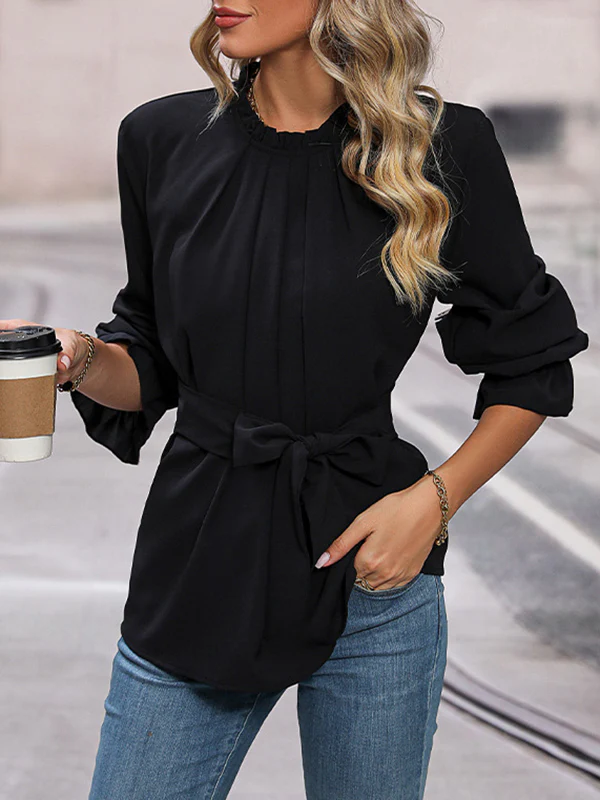 Flared Sleeves Long Sleeves Elasticity Pleated Solid Color Tied Round-Neck Blouses&Shirts Tops - Image 5