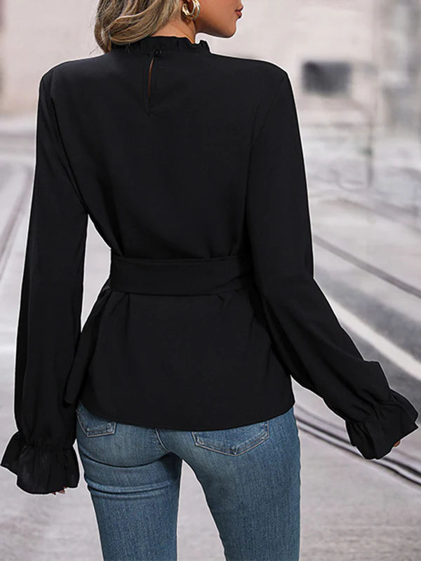 Flared Sleeves Long Sleeves Elasticity Pleated Solid Color Tied Round-Neck Blouses&Shirts Tops - Image 6
