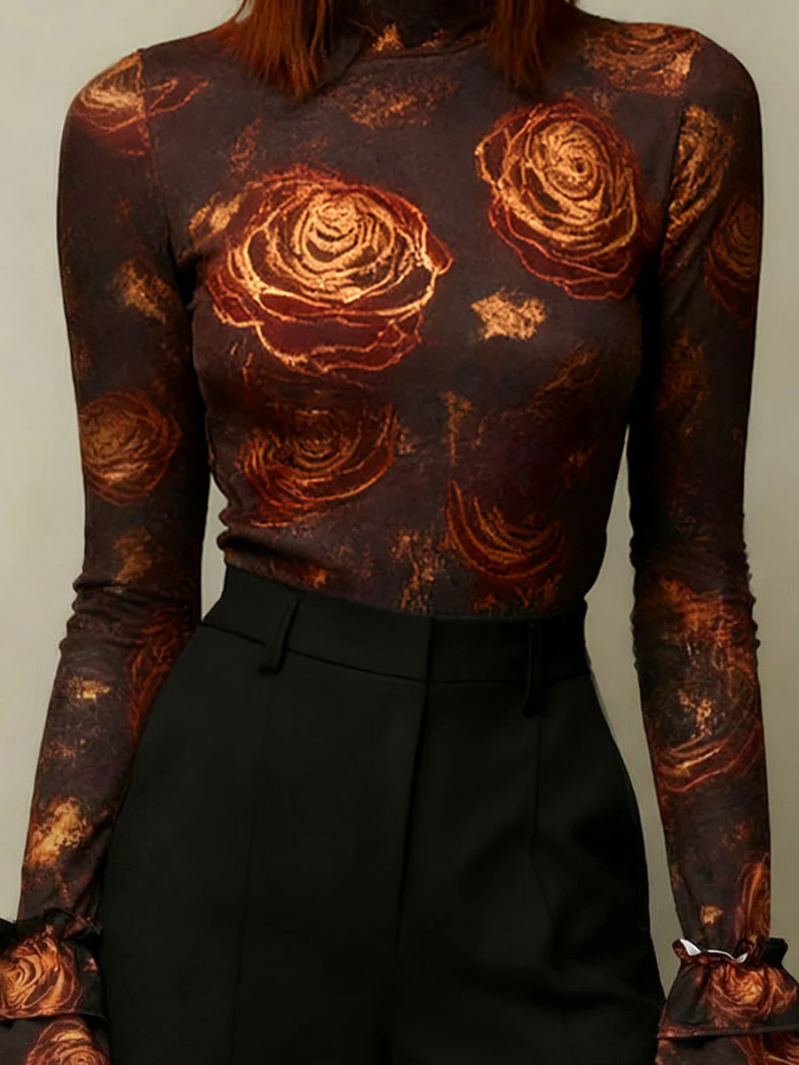 Flared Sleeves Long Sleeves Flower Print High Neck Blouses&Shirts Tops - Image 2