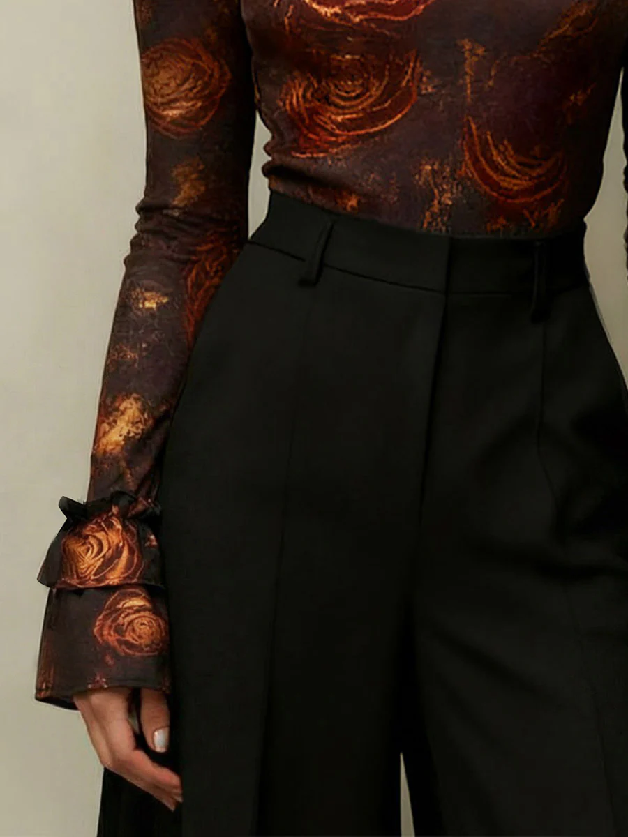Flared Sleeves Long Sleeves Flower Print High Neck Blouses&Shirts Tops - Image 3