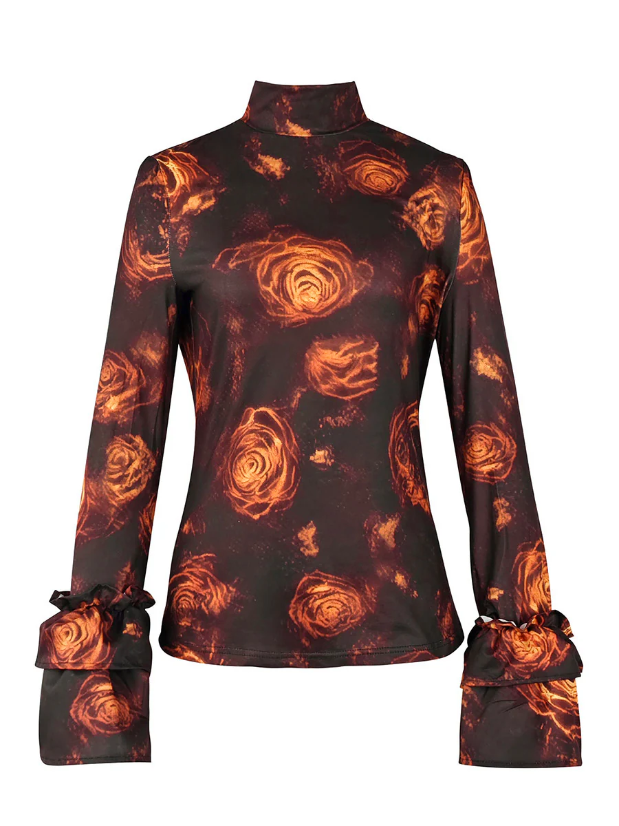 Flared Sleeves Long Sleeves Flower Print High Neck Blouses&Shirts Tops - Image 4