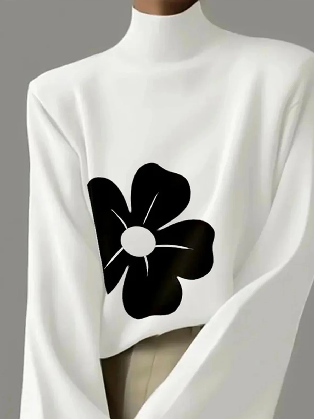 Flared Sleeves Long Sleeves Flower Print High Neck T-Shirts Tops - Image 2
