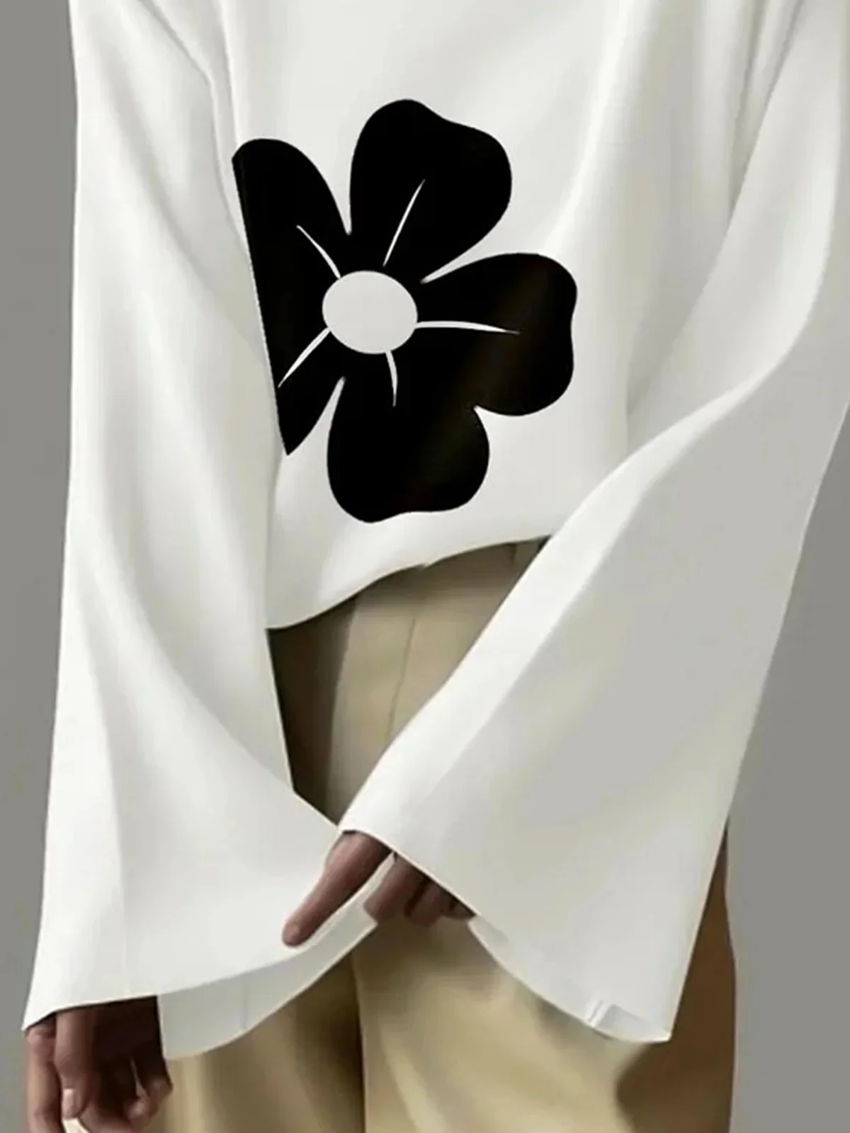 Flared Sleeves Long Sleeves Flower Print High Neck T-Shirts Tops - Image 3