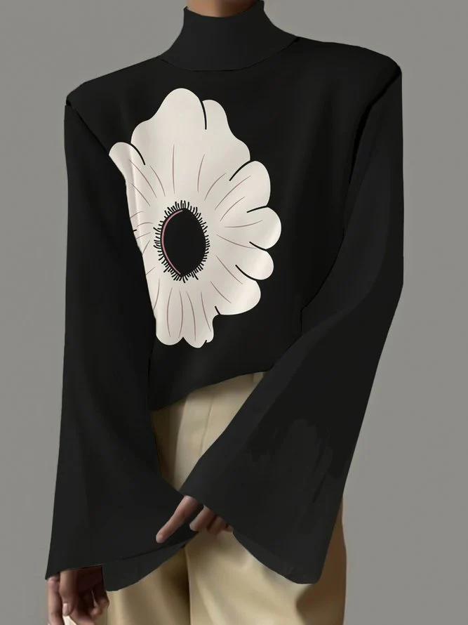 Flared Sleeves Long Sleeves Flower Print High Neck T-Shirts Tops - Image 4