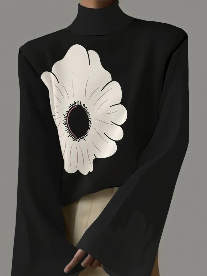 Flared Sleeves Long Sleeves Flower Print High Neck T-Shirts Tops - Image 5