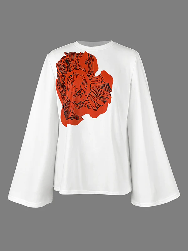 Flared Sleeves Long Sleeves Flower Print Round-neck T-Shirts Tops - Image 3