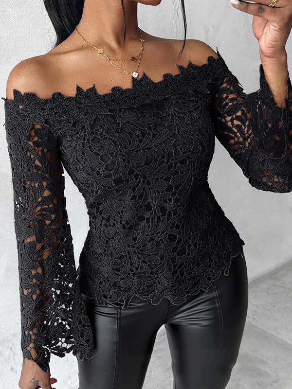 Flared Sleeves Long Sleeves Hollow Solid Color Off-The-Shoulder T-Shirts Tops - Image 2