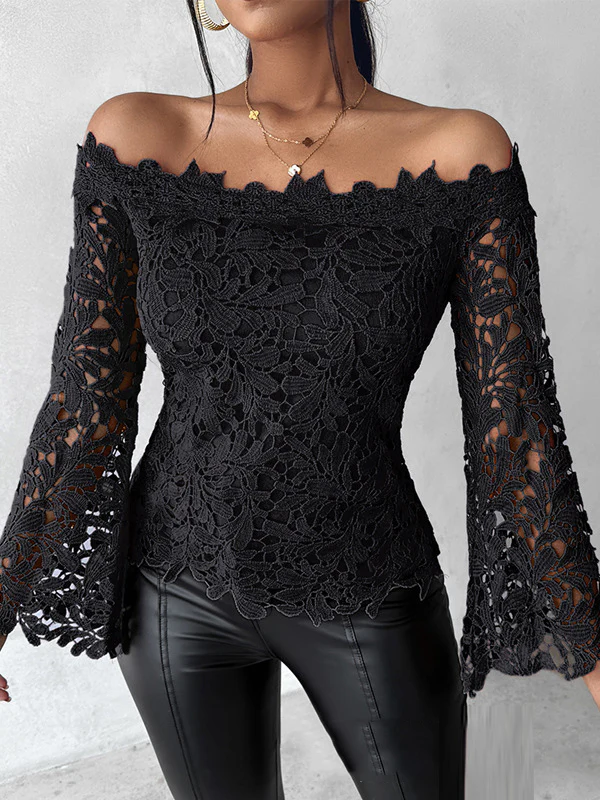 Flared Sleeves Long Sleeves Hollow Solid Color Off-The-Shoulder T-Shirts Tops - Image 3