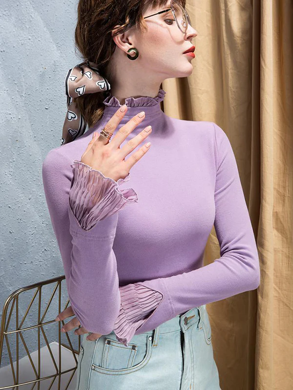 Flared Sleeves Long Sleeves Pleated Ruffled Solid Color High Neck T-Shirts Tops - Image 3