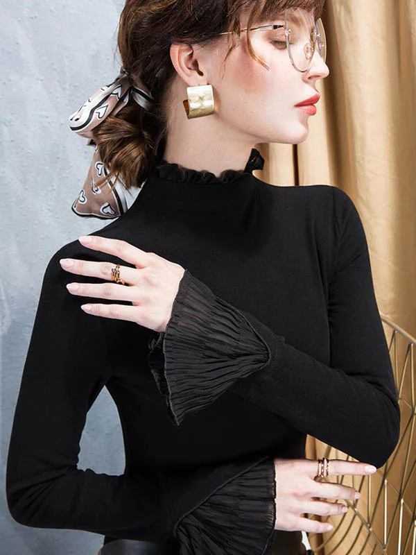 Flared Sleeves Long Sleeves Pleated Ruffled Solid Color High Neck T-Shirts Tops - Image 6