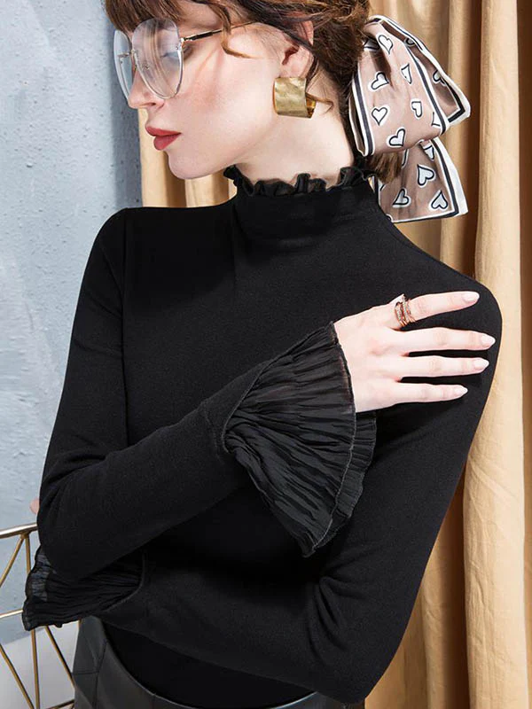 Flared Sleeves Long Sleeves Pleated Ruffled Solid Color High Neck T-Shirts Tops - Image 9