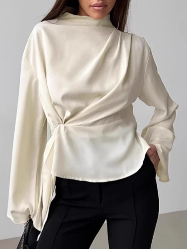 Flared Sleeves Long Sleeves Pleated Solid Color Zipper Stand Collar Blouses&Shirts Tops - Image 2