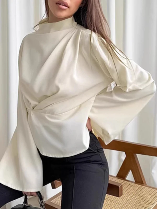 Flared Sleeves Long Sleeves Pleated Solid Color Zipper Stand Collar Blouses&Shirts Tops - Image 3