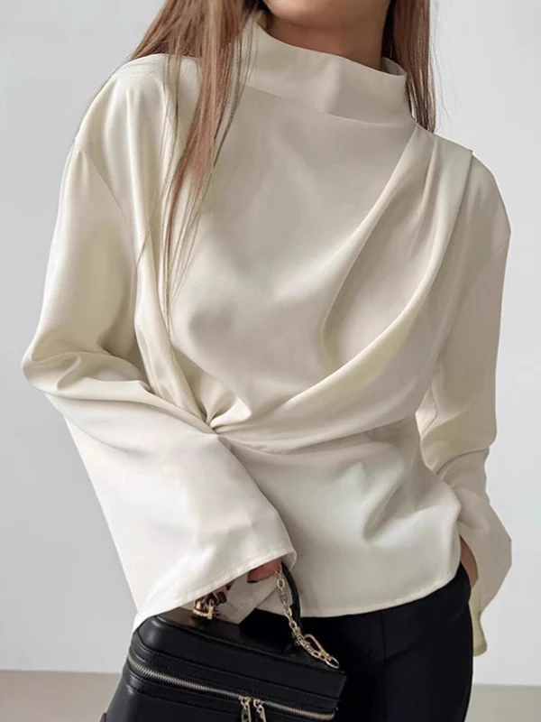 Flared Sleeves Long Sleeves Pleated Solid Color Zipper Stand Collar Blouses&Shirts Tops - Image 4