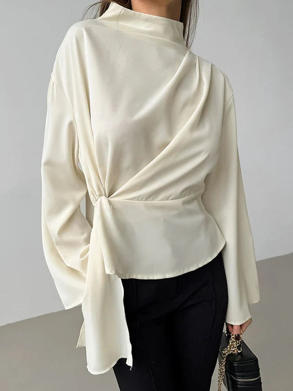 Flared Sleeves Long Sleeves Pleated Solid Color Zipper Stand Collar Blouses&Shirts Tops - Image 5
