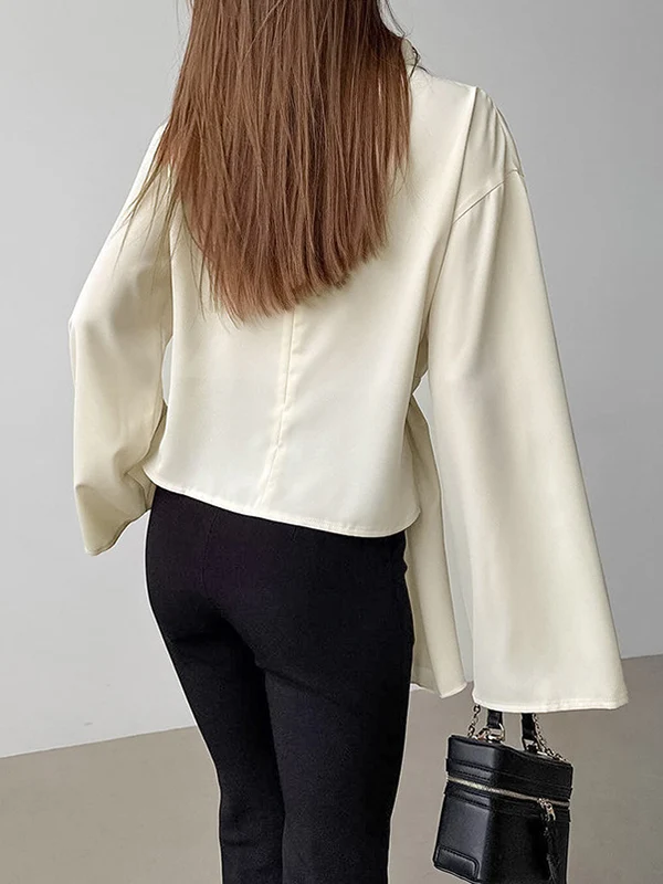 Flared Sleeves Long Sleeves Pleated Solid Color Zipper Stand Collar Blouses&Shirts Tops - Image 6