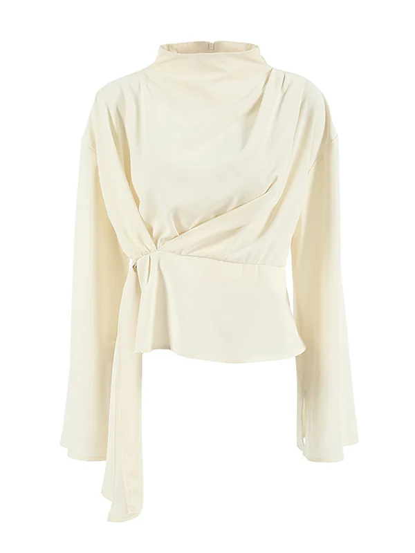 Flared Sleeves Long Sleeves Pleated Solid Color Zipper Stand Collar Blouses&Shirts Tops - Image 7