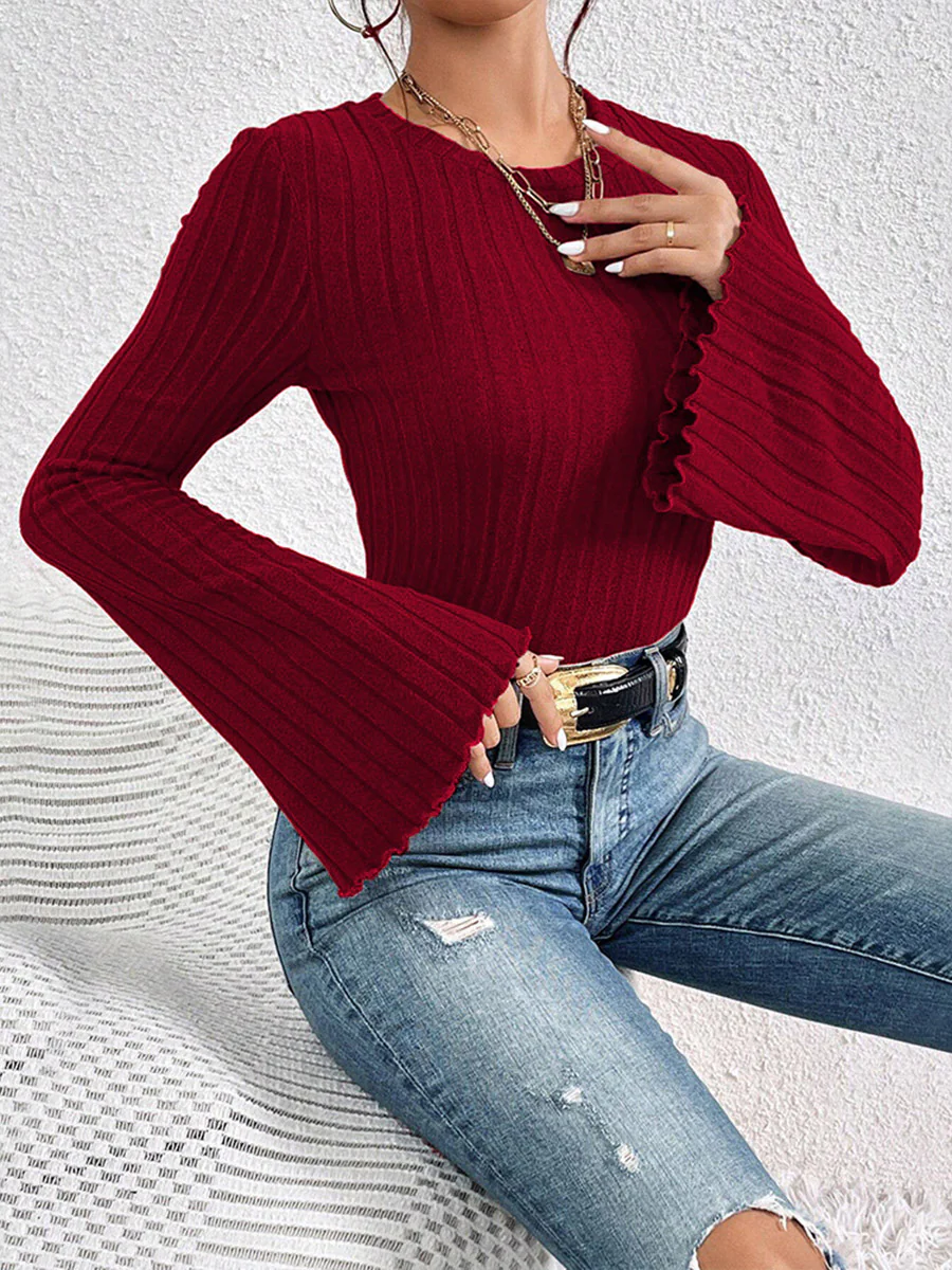 Flared Sleeves Long Sleeves Ribbed Knit Solid Color Split-Joint Round-Neck T-Shirts Tops - Image 4
