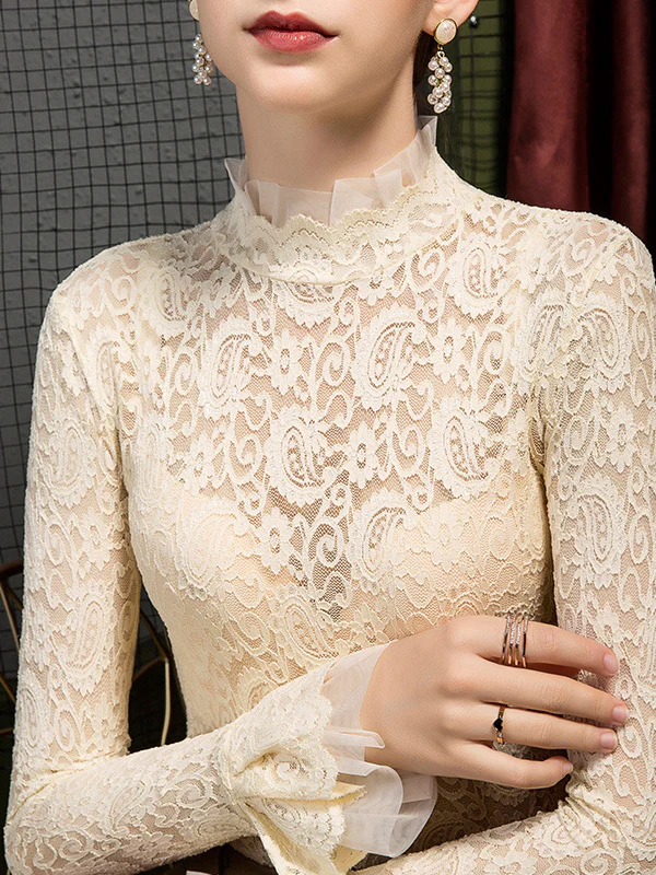 Flared Sleeves Long Sleeves See-Through Solid Color Split-Joint Mock Neck T-Shirts Tops - Image 10