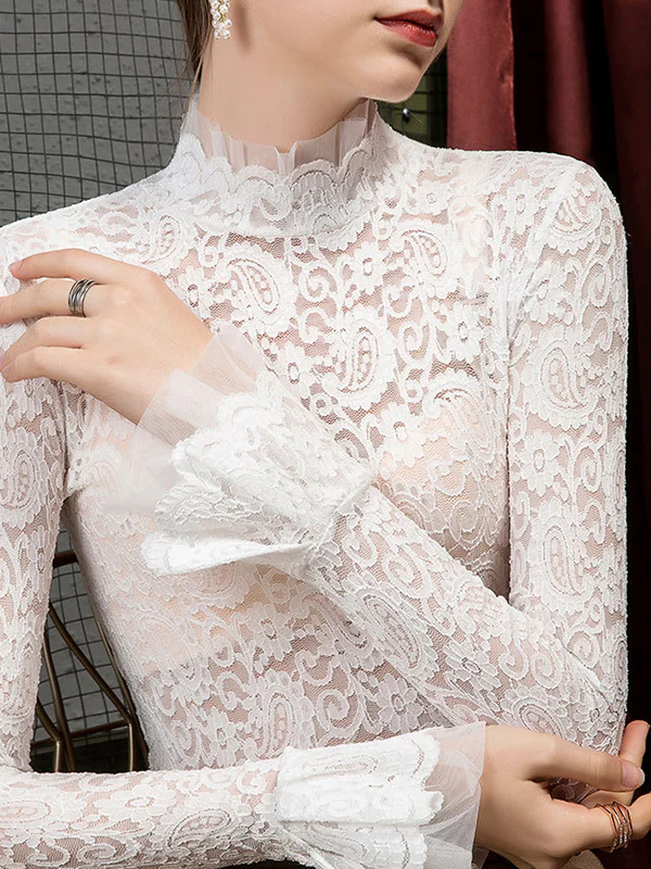 Flared Sleeves Long Sleeves See-Through Solid Color Split-Joint Mock Neck T-Shirts Tops - Image 12