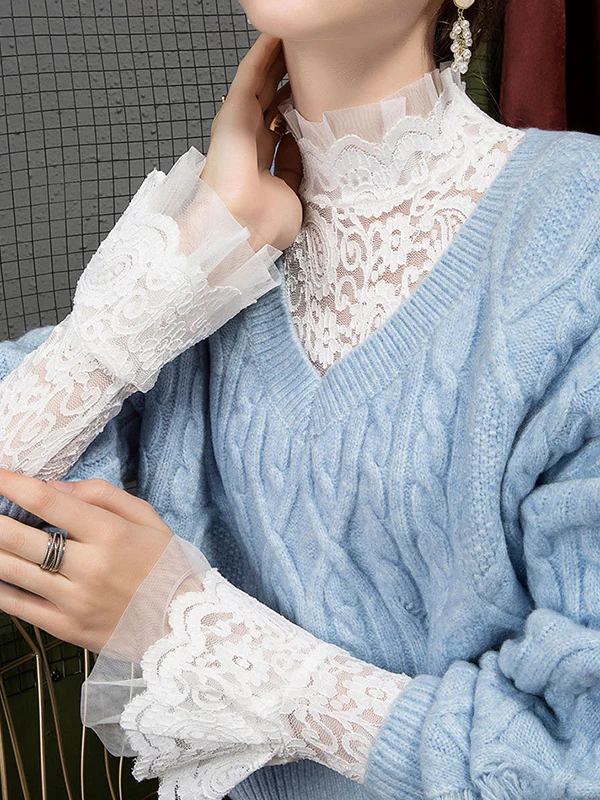 Flared Sleeves Long Sleeves See-Through Solid Color Split-Joint Mock Neck T-Shirts Tops - Image 13