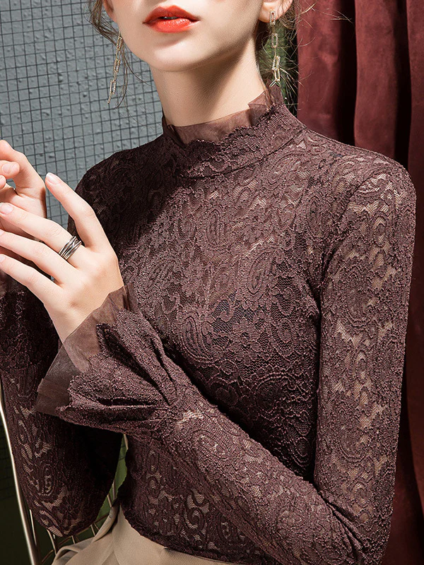 Flared Sleeves Long Sleeves See-Through Solid Color Split-Joint Mock Neck T-Shirts Tops - Image 5