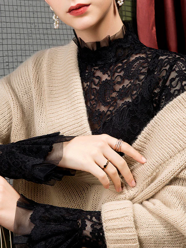 Flared Sleeves Long Sleeves See-Through Solid Color Split-Joint Mock Neck T-Shirts Tops - Image 7