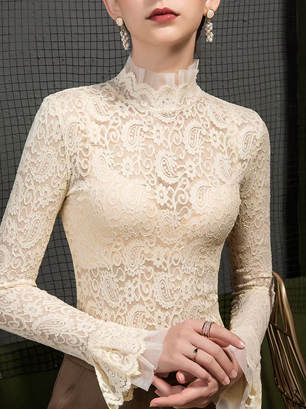 Flared Sleeves Long Sleeves See-Through Solid Color Split-Joint Mock Neck T-Shirts Tops - Image 8