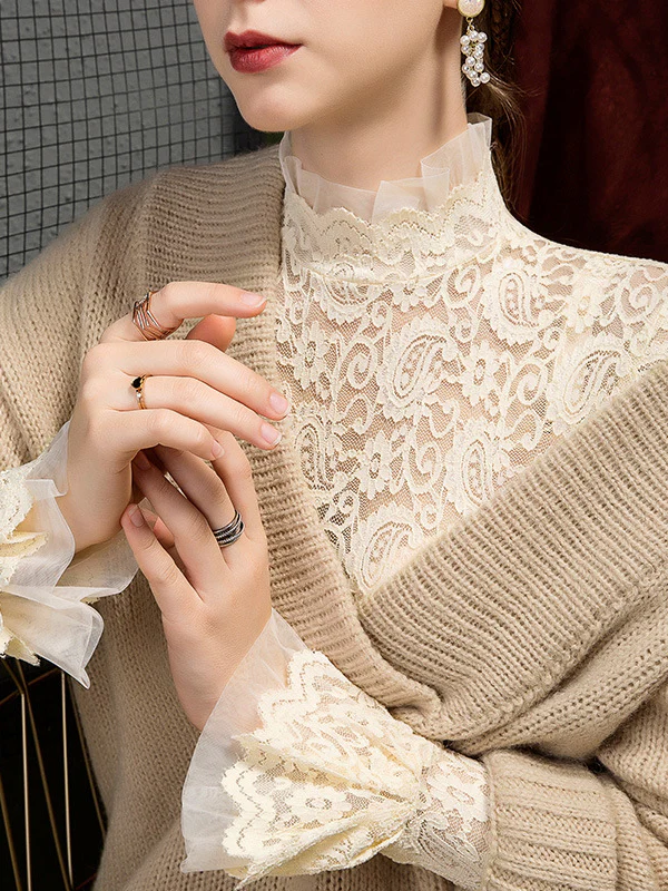 Flared Sleeves Long Sleeves See-Through Solid Color Split-Joint Mock Neck T-Shirts Tops - Image 9