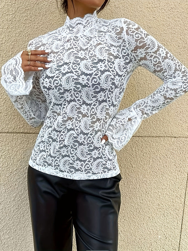 Flared Sleeves Long Sleeves See-Through Solid Color Split-Joint Mock Neck T-Shirts Tops - Image 17