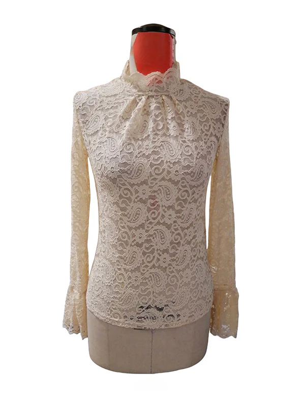 Flared Sleeves Long Sleeves See-Through Solid Color Split-Joint Mock Neck T-Shirts Tops - Image 20