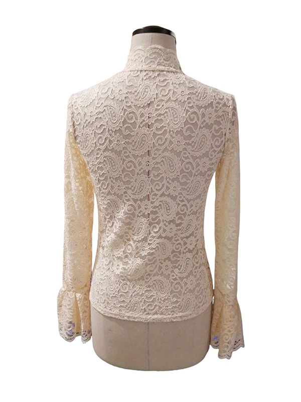Flared Sleeves Long Sleeves See-Through Solid Color Split-Joint Mock Neck T-Shirts Tops - Image 22
