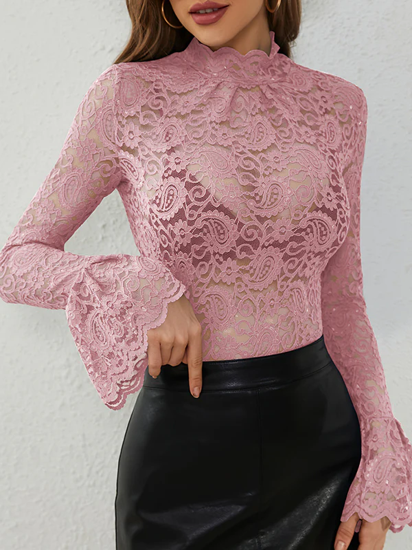 Flared Sleeves Long Sleeves See-Through Solid Color Split-Joint Mock Neck T-Shirts Tops - Image 4