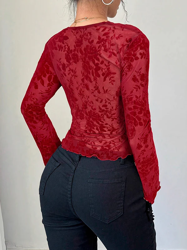 Flared Sleeves Long Sleeves Solid Color Deep V-Neck T-Shirts - Image 12