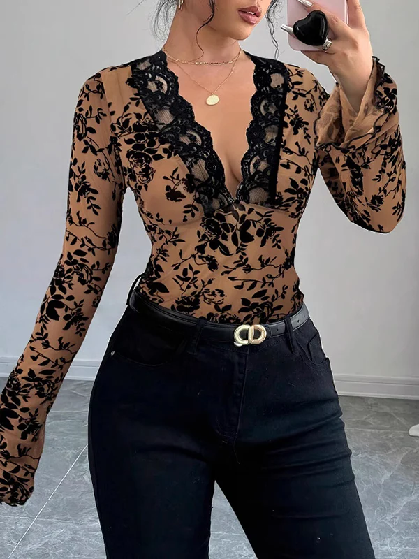 Flared Sleeves Long Sleeves Solid Color Deep V-Neck T-Shirts - Image 3