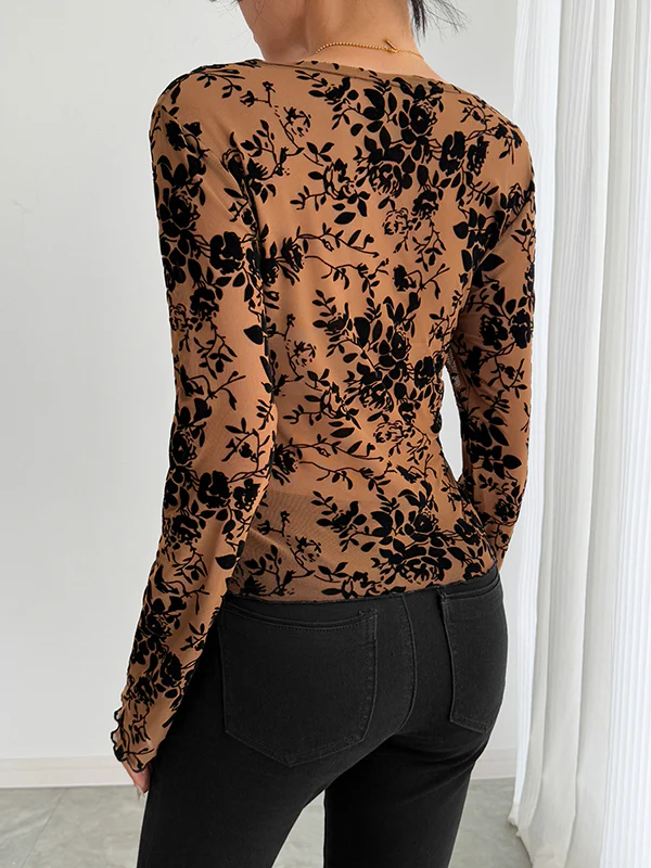 Flared Sleeves Long Sleeves Solid Color Deep V-Neck T-Shirts - Image 5