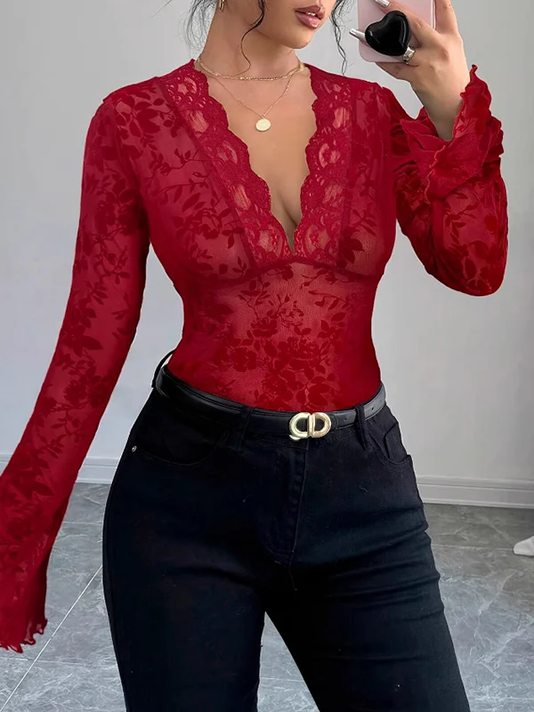 Flared Sleeves Long Sleeves Solid Color Deep V-Neck T-Shirts - Image 7