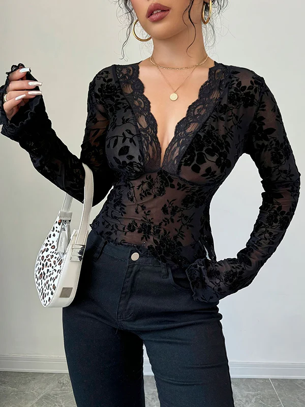 Flared Sleeves Long Sleeves Solid Color Deep V-Neck T-Shirts - Image 8