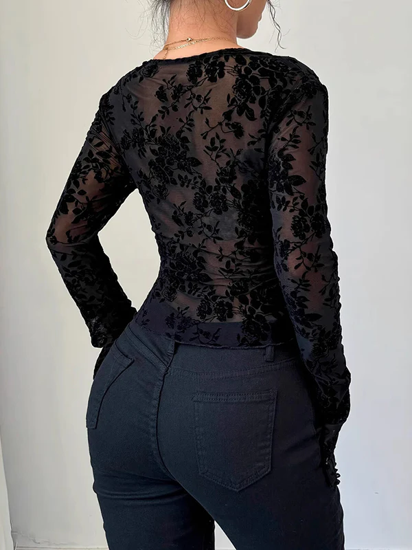 Flared Sleeves Long Sleeves Solid Color Deep V-Neck T-Shirts - Image 9