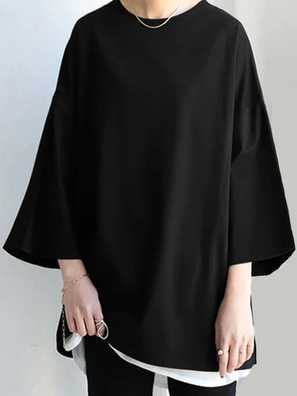 Flared Sleeves Long Sleeves Solid Color Round-Neck T-Shirts Tops - Image 3