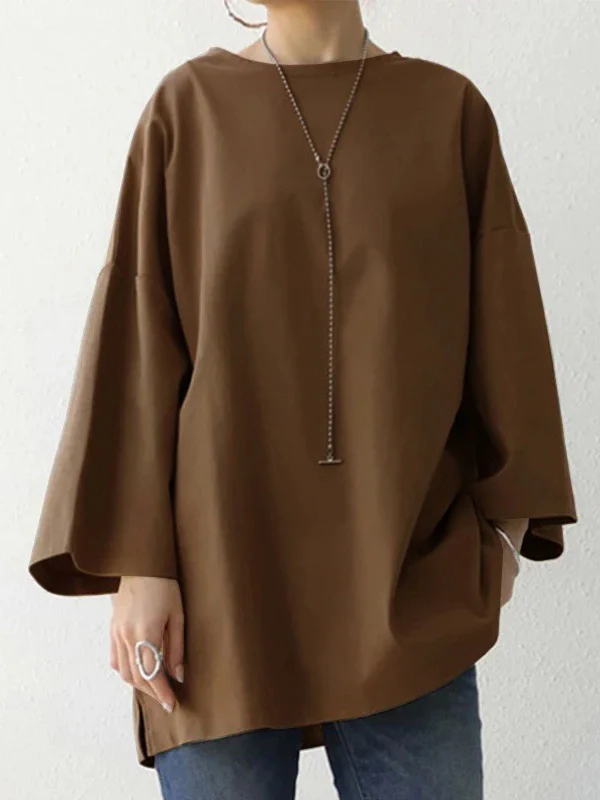 Flared Sleeves Long Sleeves Solid Color Round-Neck T-Shirts Tops - Image 4