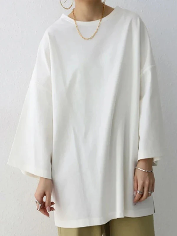 Flared Sleeves Long Sleeves Solid Color Round-Neck T-Shirts Tops - Image 5