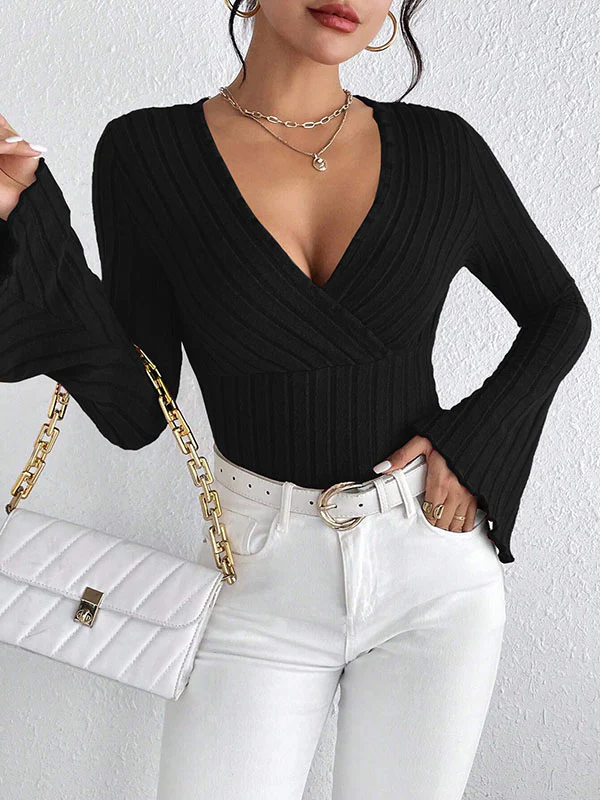 Flared Sleeves Long Sleeves Solid Color Split-Joint Deep V-Neck T-Shirts Tops - Image 4