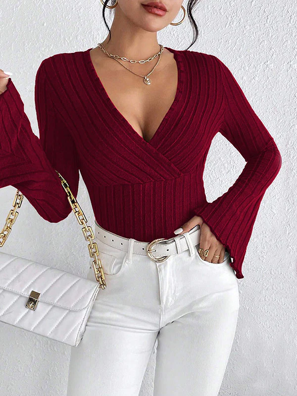Flared Sleeves Long Sleeves Solid Color Split-Joint Deep V-Neck T-Shirts Tops - Image 7