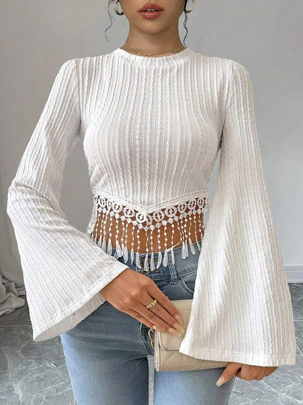 Flared Sleeves Long Sleeves Solid Color Split-Joint Tasseled Round-neck T-Shirts Tops - Image 2