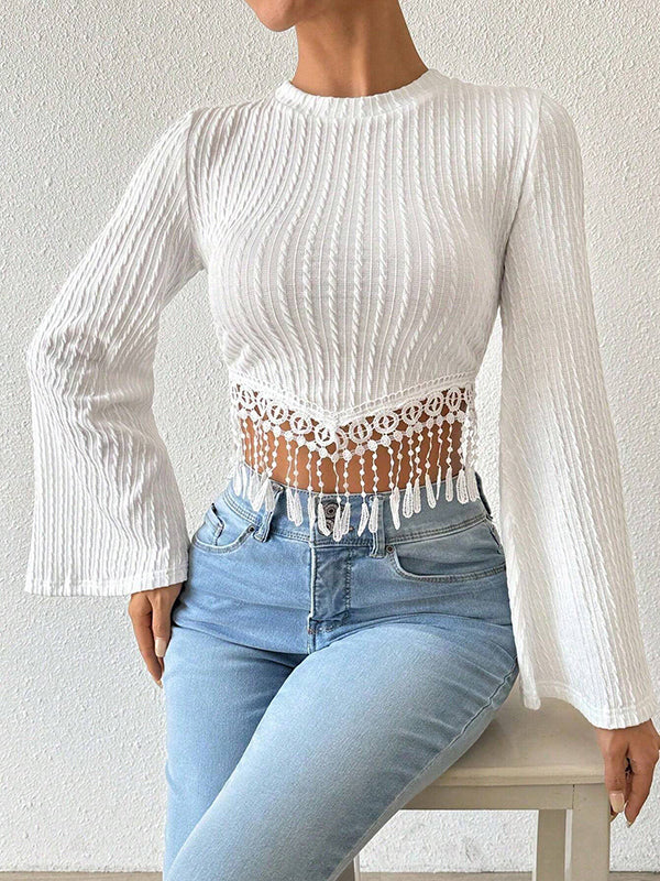 Flared Sleeves Long Sleeves Solid Color Split-Joint Tasseled Round-neck T-Shirts Tops - Image 3