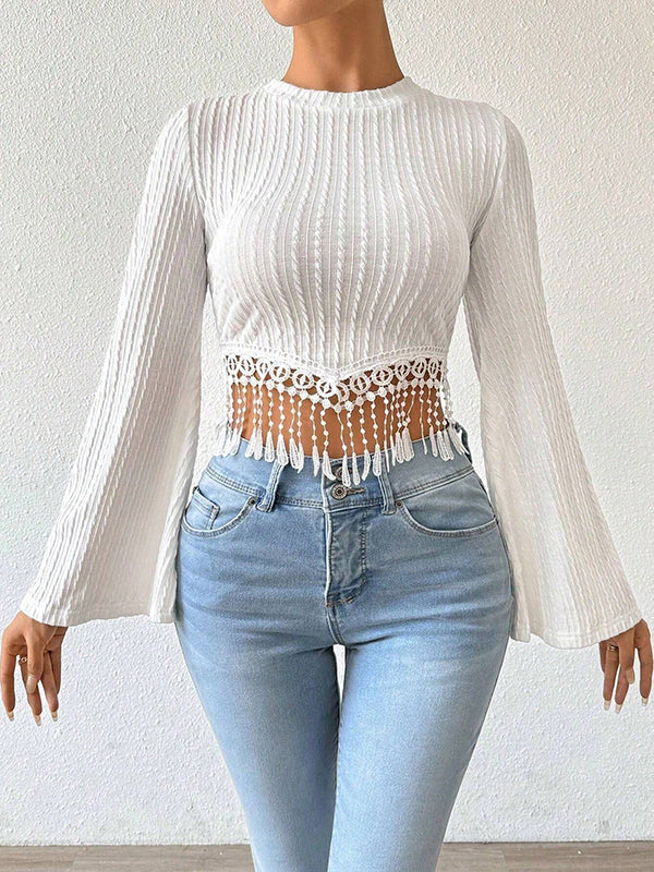 Flared Sleeves Long Sleeves Solid Color Split-Joint Tasseled Round-neck T-Shirts Tops - Image 4