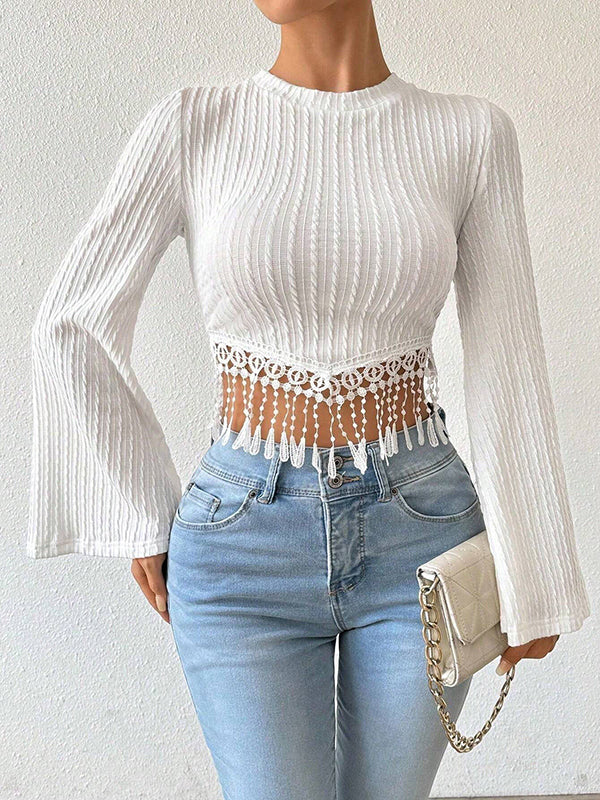 Flared Sleeves Long Sleeves Solid Color Split-Joint Tasseled Round-neck T-Shirts Tops - Image 5