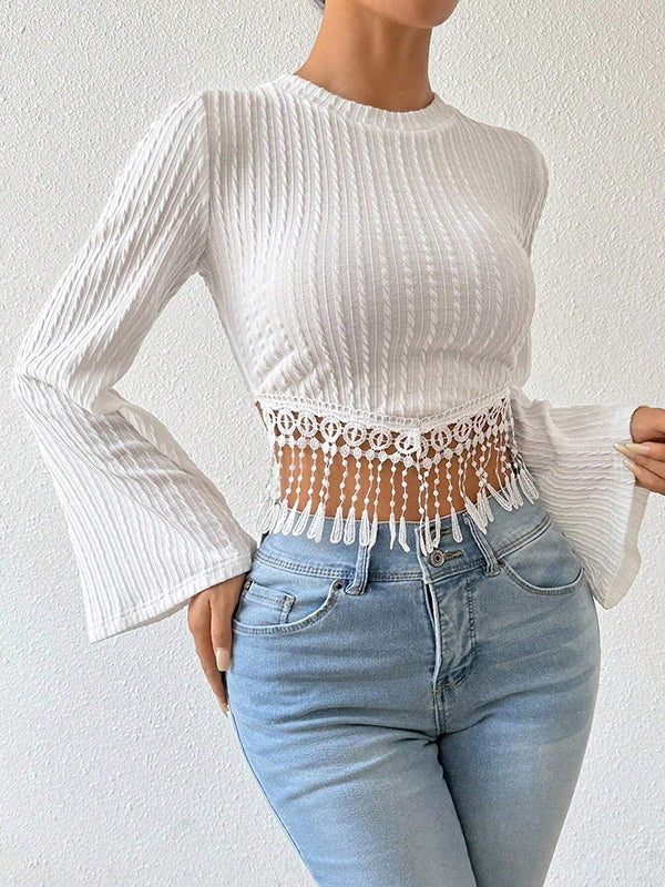 Flared Sleeves Long Sleeves Solid Color Split-Joint Tasseled Round-neck T-Shirts Tops - Image 6